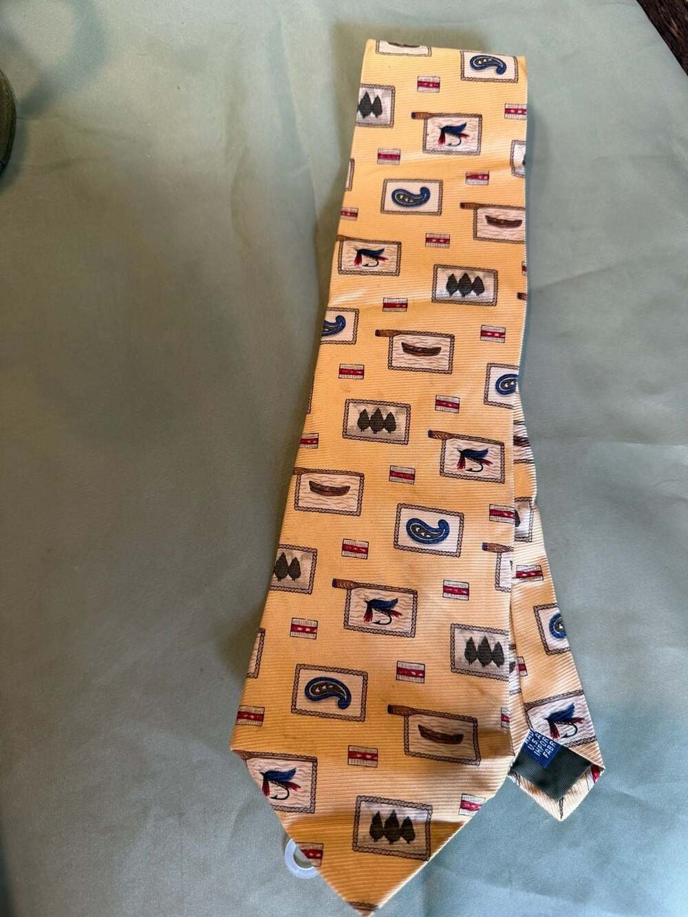 Chaps Ralph Lauren Yellow Fishing Fly and Canoe Print Silk Necktie